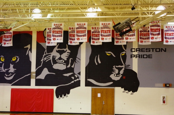 Panther mural in the Creston High School gymnasium